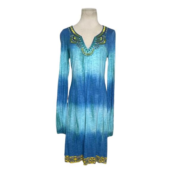 Hale Bob  Blue Yellow Tie Dye Long Sleeve Beaded Jersey Dress Size Small - Picture 11 of 13